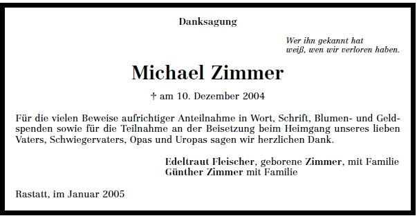 Zimmer Michael 1914-2004 Todesanzeige